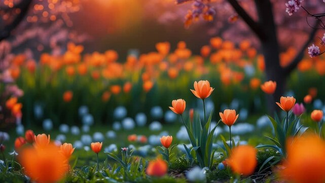 Poster spring wallpaper copy space for text on blur bloom blossom tree orange flowers AI Generative