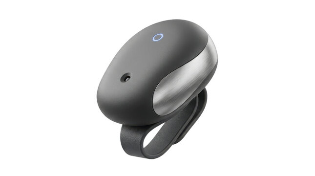 Modern wearable smart ring device, sleek black and silver fitness tracker, futuristic health monitoring technology on white background