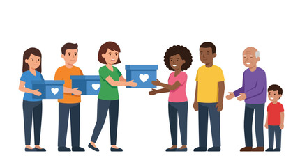 Obraz premium Diverse Group of People Sharing Charity Boxes with Hearts, Community Support Concept