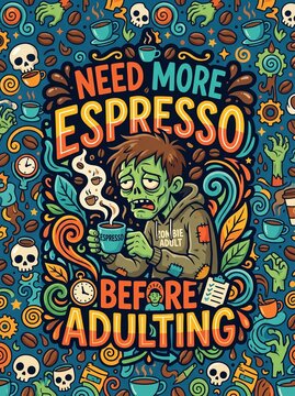 Need more espresso before adulting text banner with tired zombie drinking hot coffee cup. Need more espresso before adulting colorful illustration for poster, sticker, or humorous t shirt printing.