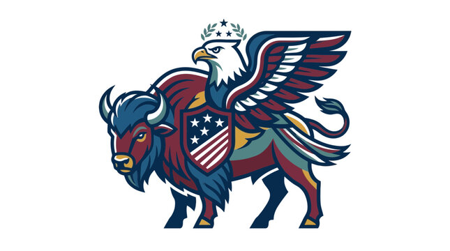 Majestic Eagle & Buffalo Hybrid Symbol with American Flag Shield and Laurel Wreath