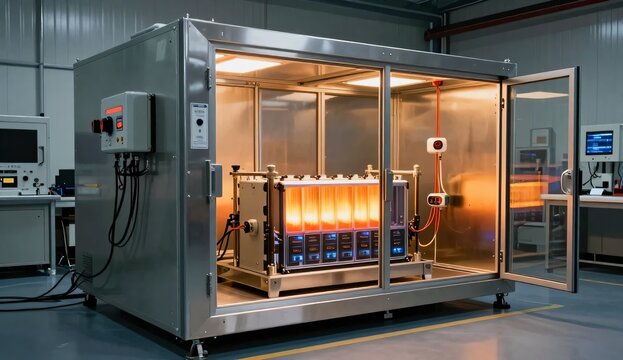 Electric vehicle battery thermal runaway test chamber representing battery safety research energy storage engineering and automotive technology
