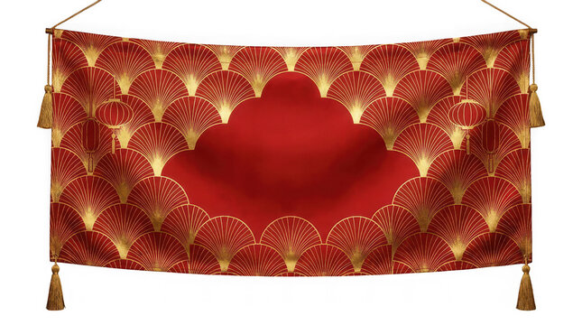 Elegant red peacock feather pattern decorative fabric with tassels hanging edges transparent background