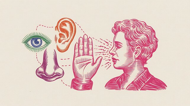 Conceptual illustration of mindfulness and sensory awareness featuring a woman with a hand gesture, eye, ear, and nose representing the five senses