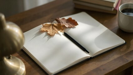 Fototapeta premium Clean white open notebook with pen on wood – Perfect for writing inspiration, new semester, or journal branding.