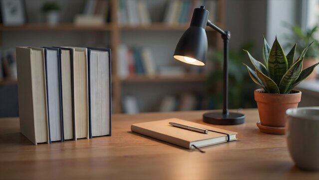 Stacked textbooks and lamp on dark wood desk &ndash; Perfect for academic research, study routine, or library atmosphere.