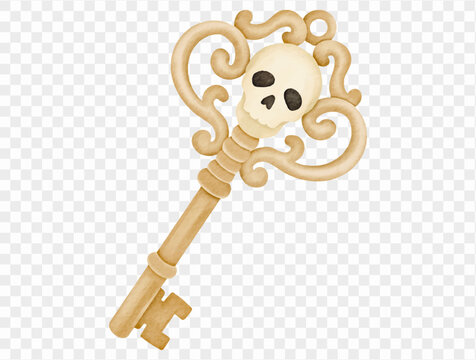 Antique skeleton key with skull watercolor Halloween decoration Vector.