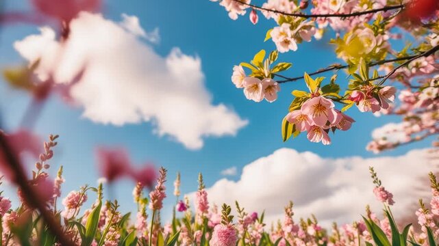 Poster spring wallpaper copy space for text on blur bloom blossom tree pink flowers AI Generative