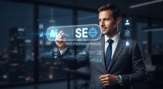 Businessman interacting with search optimization platform
