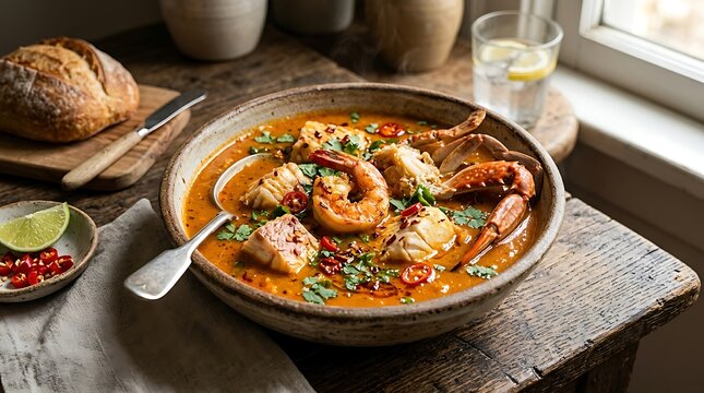 Rustic seafood bouillabaisse, brimming with prawns, crab, and fish, is served in a ceramic bowl on a.