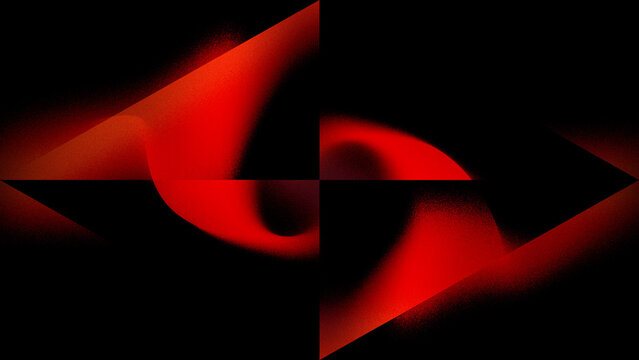 Fiery Red Triangle Quadrant with Mirrored Swirl and Film Grain Texture. Moody Geometric Design Blending Triangles and Ribbon Shape with Grainy Noise