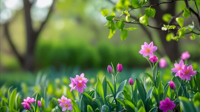 Poster spring wallpaper copy space for text on blur bloom blossom tree purple flowers AI Generative