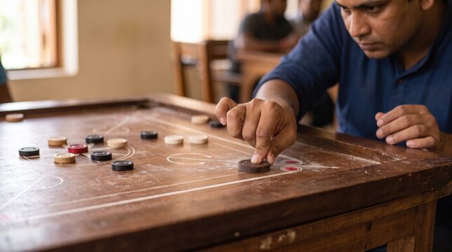 South Asian man playing carrom board game indoor recreation table strategy leisure activity