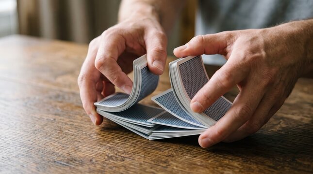 Man shuffling playing cards on a wooden table close up view representing casino gambling and magic tricks concepts