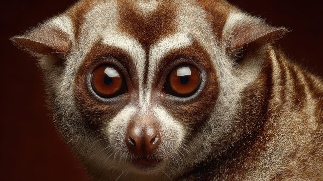 This close-up reveals the intricate details of a slow loris's face, highlighting its large eyes and unique fur patterns, showcasing the beauty of this primate