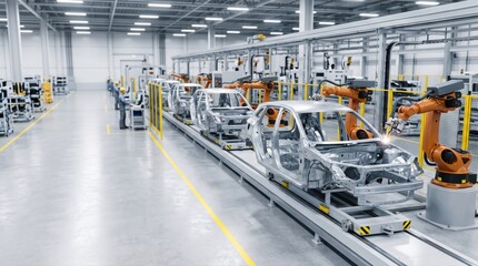 Fototapeta premium Automated production line with robotic arms assembling car chassis in modern manufacturing facility