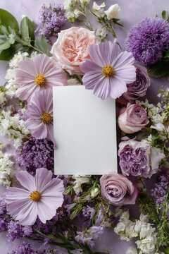Top down composition of blank rectangular paper centered inside purple and pink floral wreath with cosmos, allium, roses, carnations, and greenery on soft lavender background