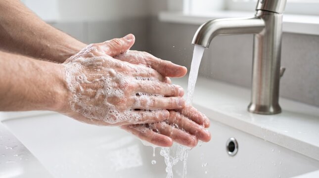 Adult man washing his hands with soap and water under a faucet in a bright modern bathroom, representing personal hygiene, health, cleanliness, and disease prevention.