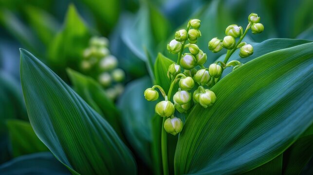 Close-up cluster of lily of valley blossoms with dewy green leaves in soft garden bokeh, creating delicate spring mood and fresh natural texture under gentle morning light