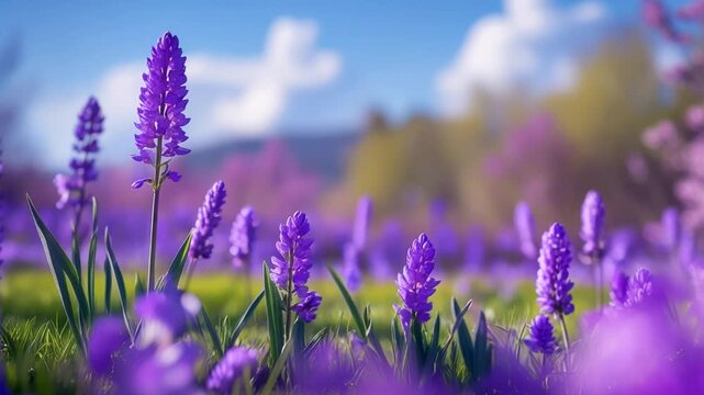 Poster spring wallpaper copy space for text on blur bloom blossom tree purple flowers AI Generative