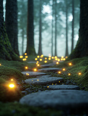 Naklejka premium A mystical forest path illuminated by glowing fireflies, creating a magical atmosphere in the tranquil woods