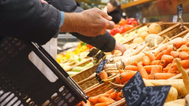Hand of old man selecting fresh carrot in grocery store. Unrecognizable elderly buyer with basket choosing vegetables. Variety of goods in supermarket. Shopping concept. Slow motion Close up