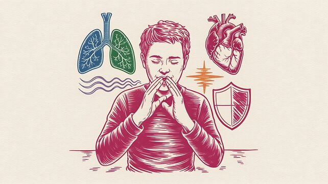 Conceptual illustration of a person focusing on breathwork, surrounded by symbols of heart health, lung function, and immune defense