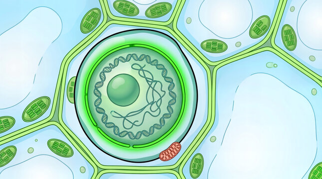 Detailed illustration of plant cell anatomy showing nucleus and chloroplasts
