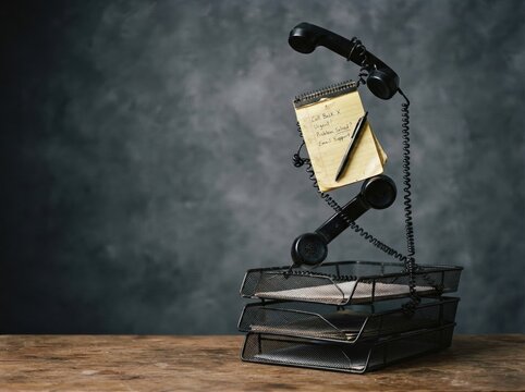 Vertical tower of balanced office objects, featuring a precarious stack of telephone handsets and paper trays for workplace stress and burnout campaigns, with copy space