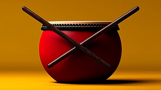 Tambor vermelho com baquetas de madeira cruzadas sobre um fundo amarelo quente.