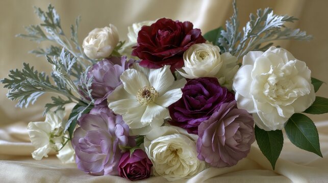Muted berry camellias with ivory blossoms on gray sage branches in soft natural light, creating delicate botanical still life with elegant petals, fresh foliage, and gentle pastel tones