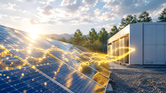 Renewable Energy Solar Panel Farm with Energy Storage System Station and Glowing Power Lines Concept