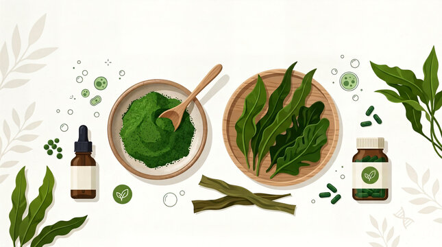 Spirulina powder and fresh algae leaves with supplement bottles