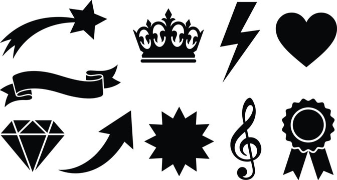 Essential vector shape black silhouette icon set featuring crown, heart, diamond, arrow, and award ribbon symbols