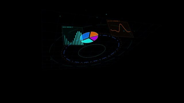 Futuristic hud data visualization with animated pie charts and financial graphs for tech interface