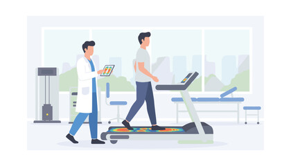 Fototapeta premium Physiotherapist analyzes gait and step patterns of a patient on a treadmill using a digital tablet during a clinic biomechanics exam.