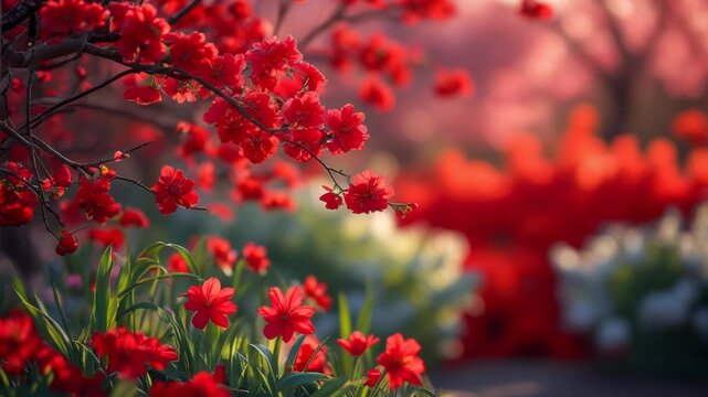 Poster spring wallpaper copy space for text on blur bloom blossom tree red flowers AI Generative