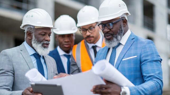 Three professionals reviewing construction plans on jobsite with focused collaboration