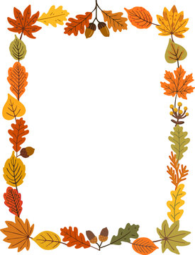Autumn tall rectangle frame with oak, maple and acorn pair border framing empty copy space at center. Vector leaf garland in warm orange and yellow tones suits greeting cards, posters and invitations