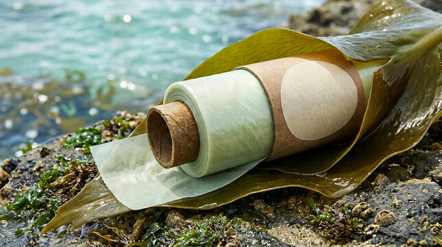 Natural green seaweed roll unrolling on rocky ocean shore background