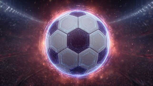 Glowing futuristic football formed from digital particles with holographic energy field and hexagonal surface details in dark atmospheric space background, with football, soccer, ball, futuristic