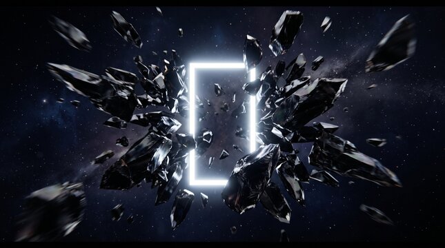 Black crystal shards exploding outward from glowing white rectangular light frame in dark space with obsidian fragments flying against starry background