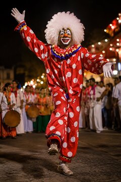 Happy clown dancing in red polka dot costume at night street festival parade