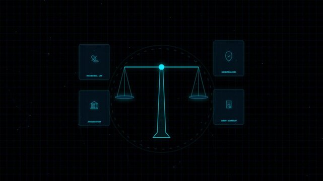 Digital law and justice concept: glowing scales of justice with blockchain technology infographic