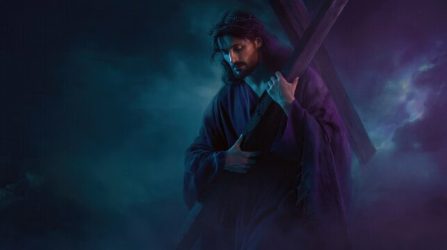 Bearded man carrying rough wooden cross through foggy devotional scene under blue lighting with somber expression, dark robe, dramatic contrast, and spiritual atmosphere