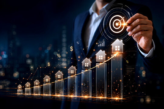 Businessman managing real estate finance, property investment, home insurance, and mortgage planning with a futuristic virtual house icon displaying financial analysis