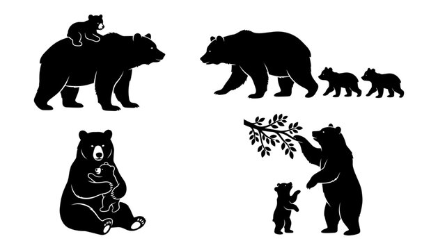 Grizzly mama bear and cubs silhouette vector collection featuring a mother carrying her baby, walking family, hugging cub, and standing forest wildlife graphics.
