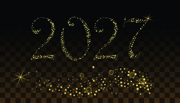 Vector illustration of 2027 written with sparkling golden dust. Glowing stardust particles and shining stars create a festive New Year design on a dark grid background.