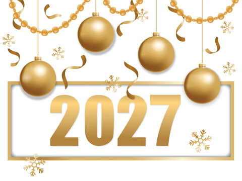 Vector illustration for Happy New Year 2027. Golden Christmas baubles hang above bold 2027 digits inside a gold frame, decorated with gold garlands, snowflakes, and ribbons.