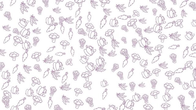 A charming and simple line art pattern featuring various vegetables and leaves scattered across a clean white background. This design evokes a sense of freshness and natural goodness.